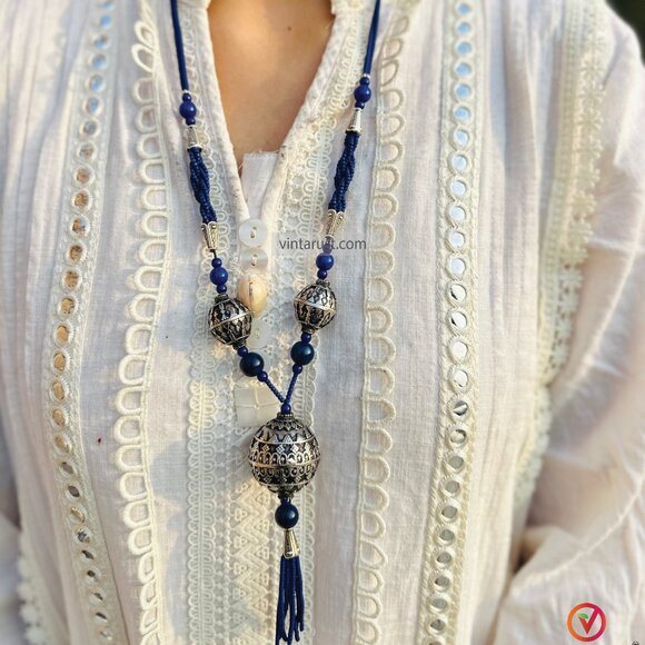 Blue Beaded Pendant Necklace with Silver Tribal Charms and Tassels - Picture 2 of 14